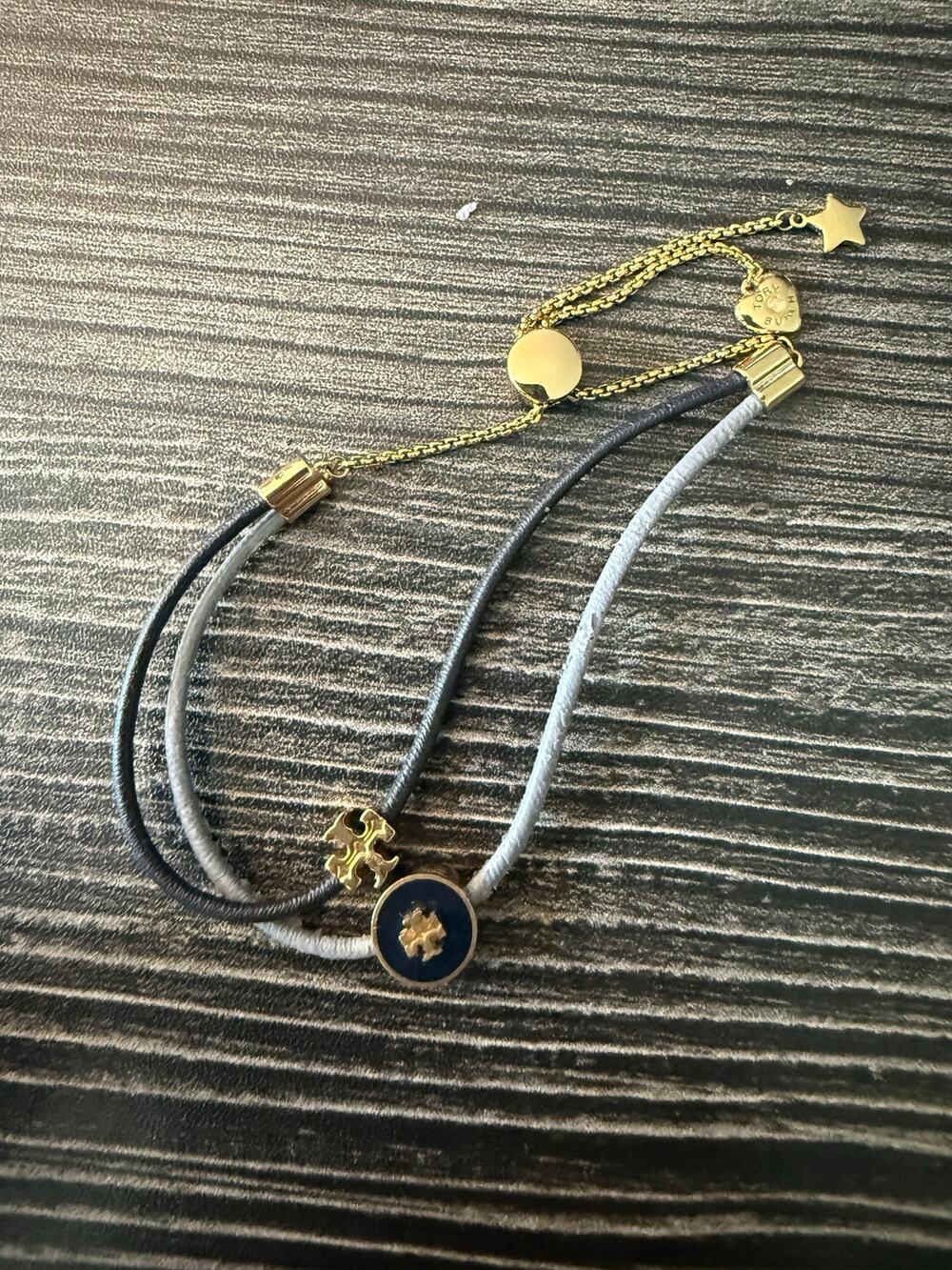 Tory Burch Kira Enamel Two-Tone Cord Slider Bracelet Blue Gray Gold